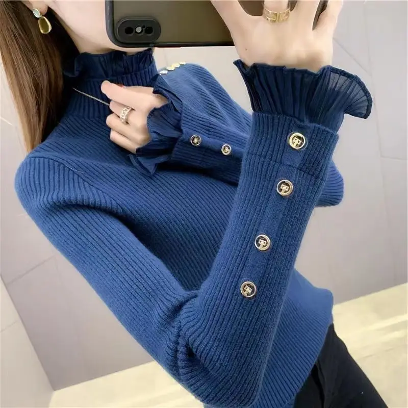 Women Clothing Korean Fashion Ruffle Patchwork Elegant Basic Knitwears Autumn Winter Half High Collar Slim Long Sleeve Pullovers