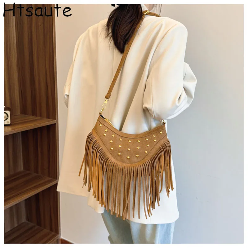 

Soft PU Leather Tassel Crossbody Bag For Women Underarm Bag Retro Solid Color Handbag Fashion Girls Small Shoulder Bags