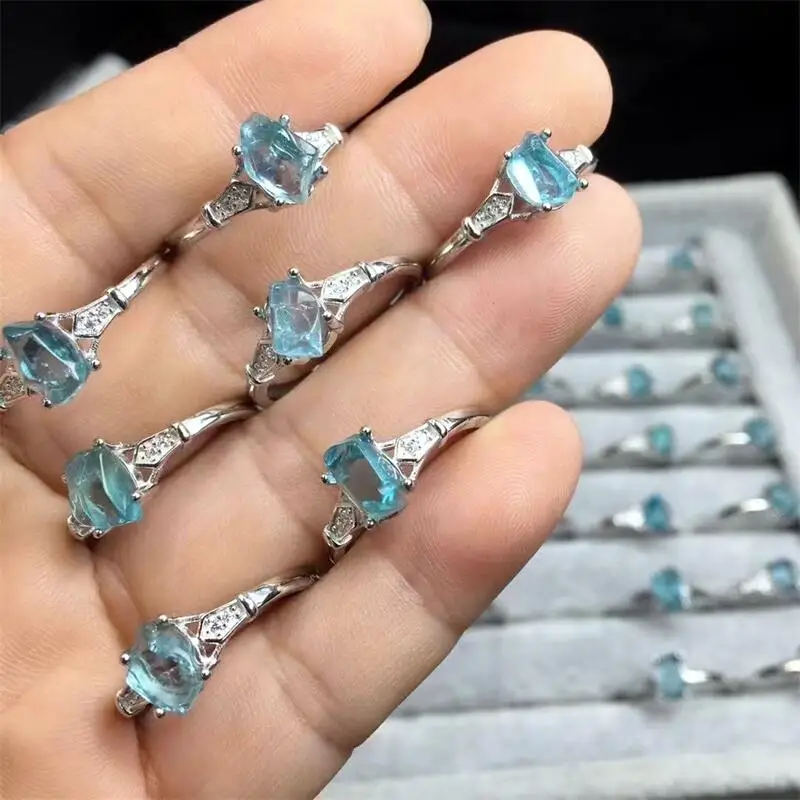 S925 Natural Freeform Clear Apatite Ring Resizable Sterling Silver Fashion Healing Jewelry For Women And Men Holiday Gift