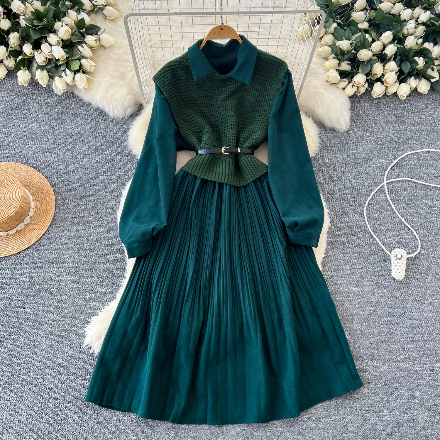 Elegant Turn-down Collar Knit Vest Vintage Long Sleeve Chic Pleated Slim Dress French Evening High Street Autumn Winter Clothing