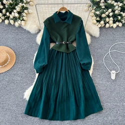 Elegant Turn-down Collar Knit Vest Vintage Long Sleeve Chic Pleated Slim Dress French Evening High Street Autumn Winter Clothing