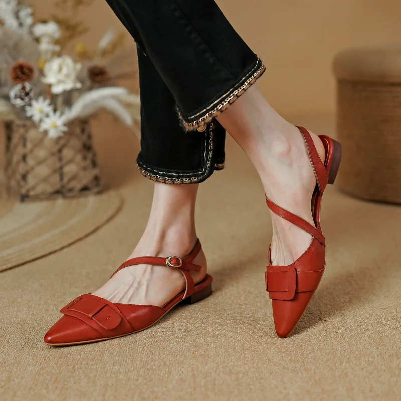 2023 Summer Heel Sandal for Women Muller Shoes Genuine Leather Slingback Elegant Thin High Heel Pointed Comfortable Woman Shoes