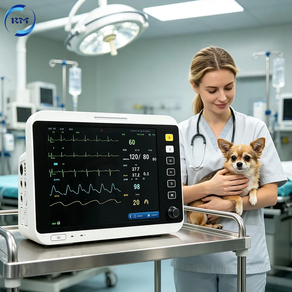 12 Inch Color Display Animal Multiparameter Monitor Veterinary Vital Signs Device with Trolley for Pet Physical Examination