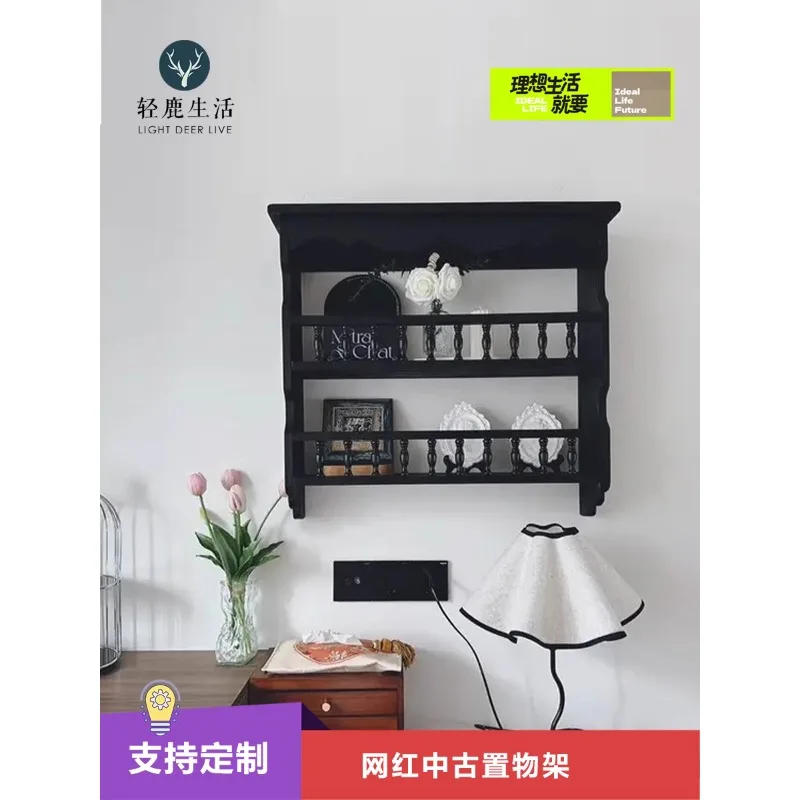 Medieval style solid wood wall dish rack coffee shop restaurant retro wall storage rack display case
