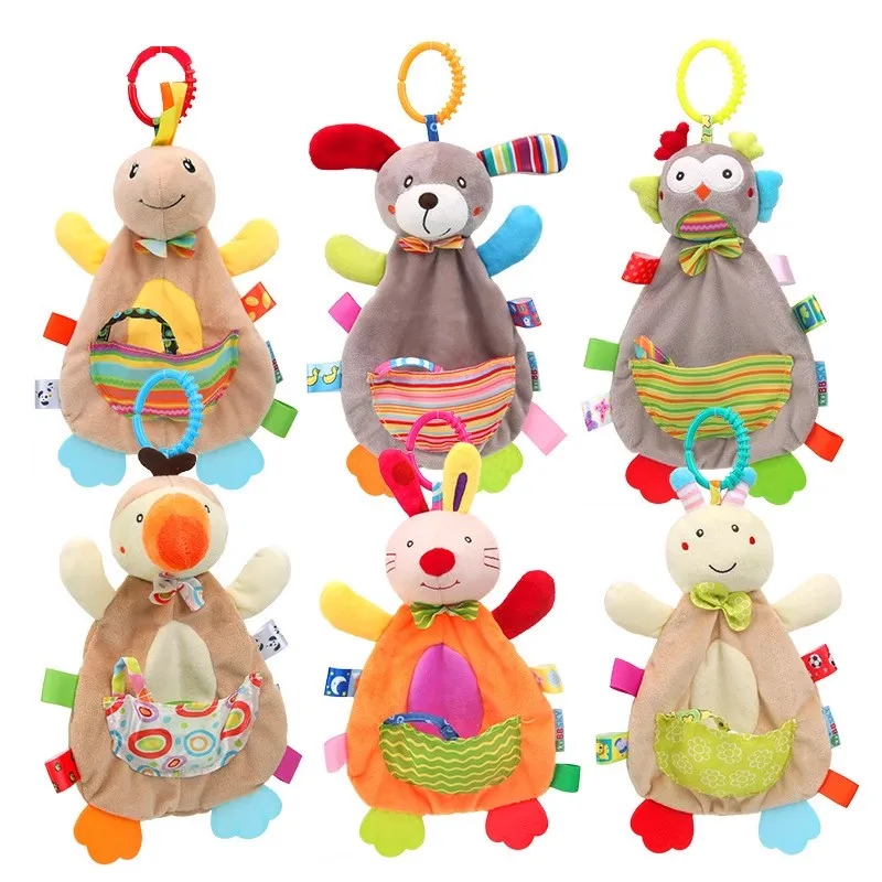 Manta de seguridad para bebé, perro con etiquetas, sonajeros mordedores, manta suave móvil, juguete acogedor, Animal relleno para bebés, regalo para recién nacidos
