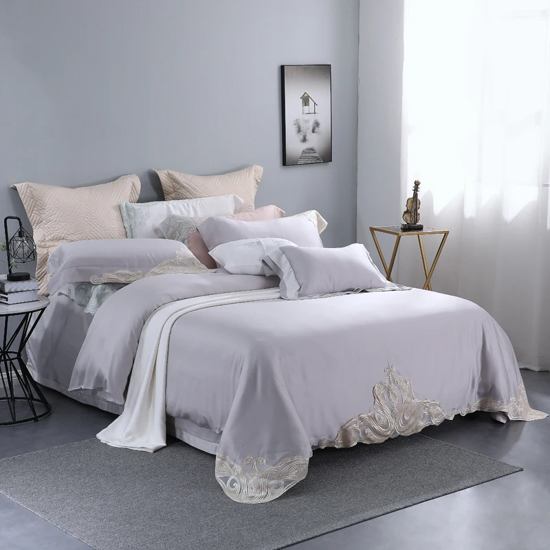 Embroidery Lace 4/7Pcs Bedding Sets Advanced Grey Cushion Cover Bedspread Duvet Cover Sheets Pillowcase 1000TC Lyocell Fabric