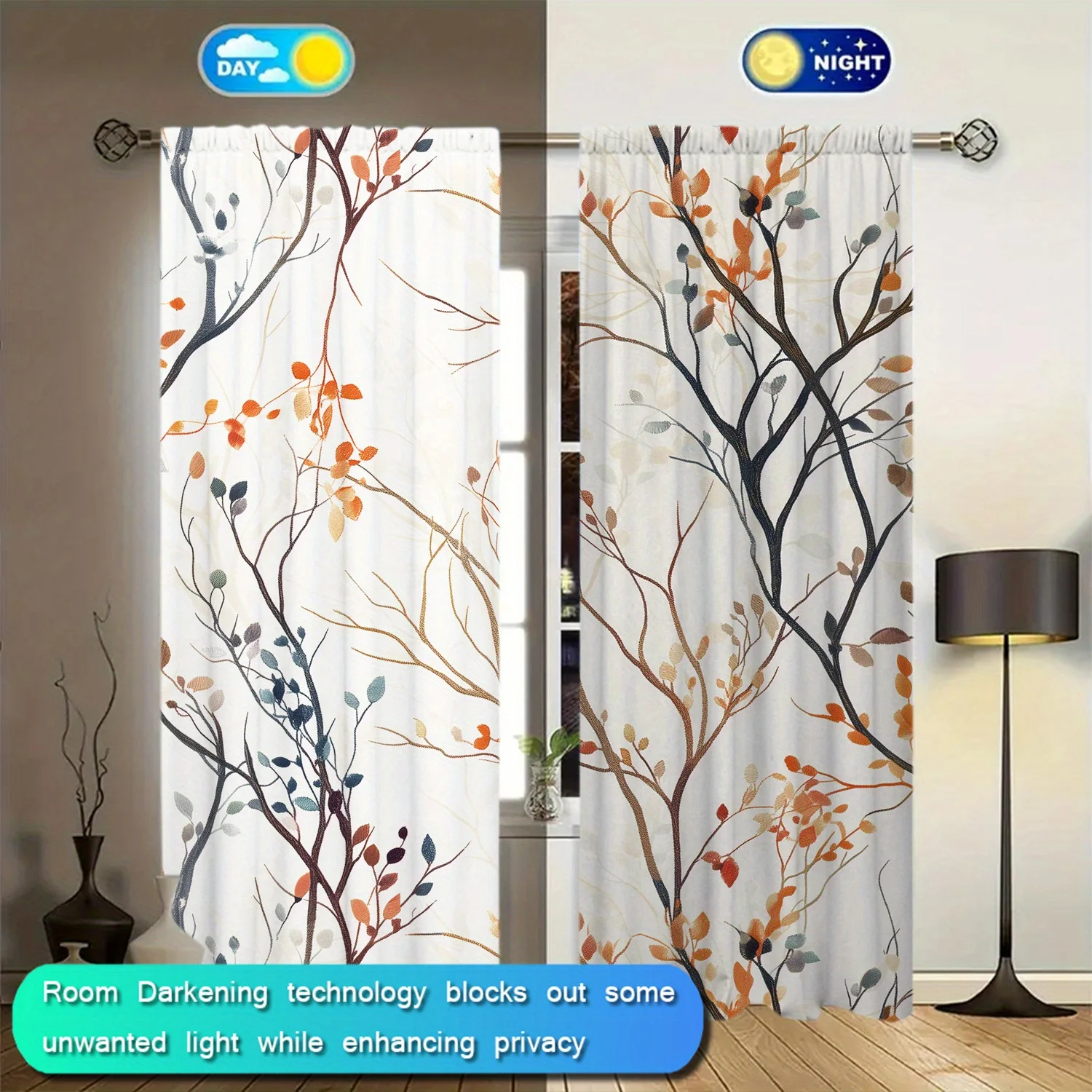 Decorative Autumn Leaf Branch Pattern Curtains Day Night Blackout Privacy Panels Polyester Drapery for Living Room Bedroom Windo