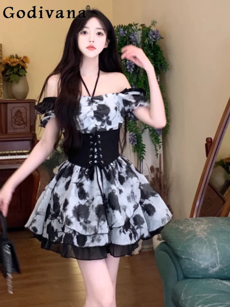 

Women Summer Large Size French Ink Smudge Rose Lace-Up High Waist Dress Sexy Square Neck Chiffon Short Sweet Princess Dresses