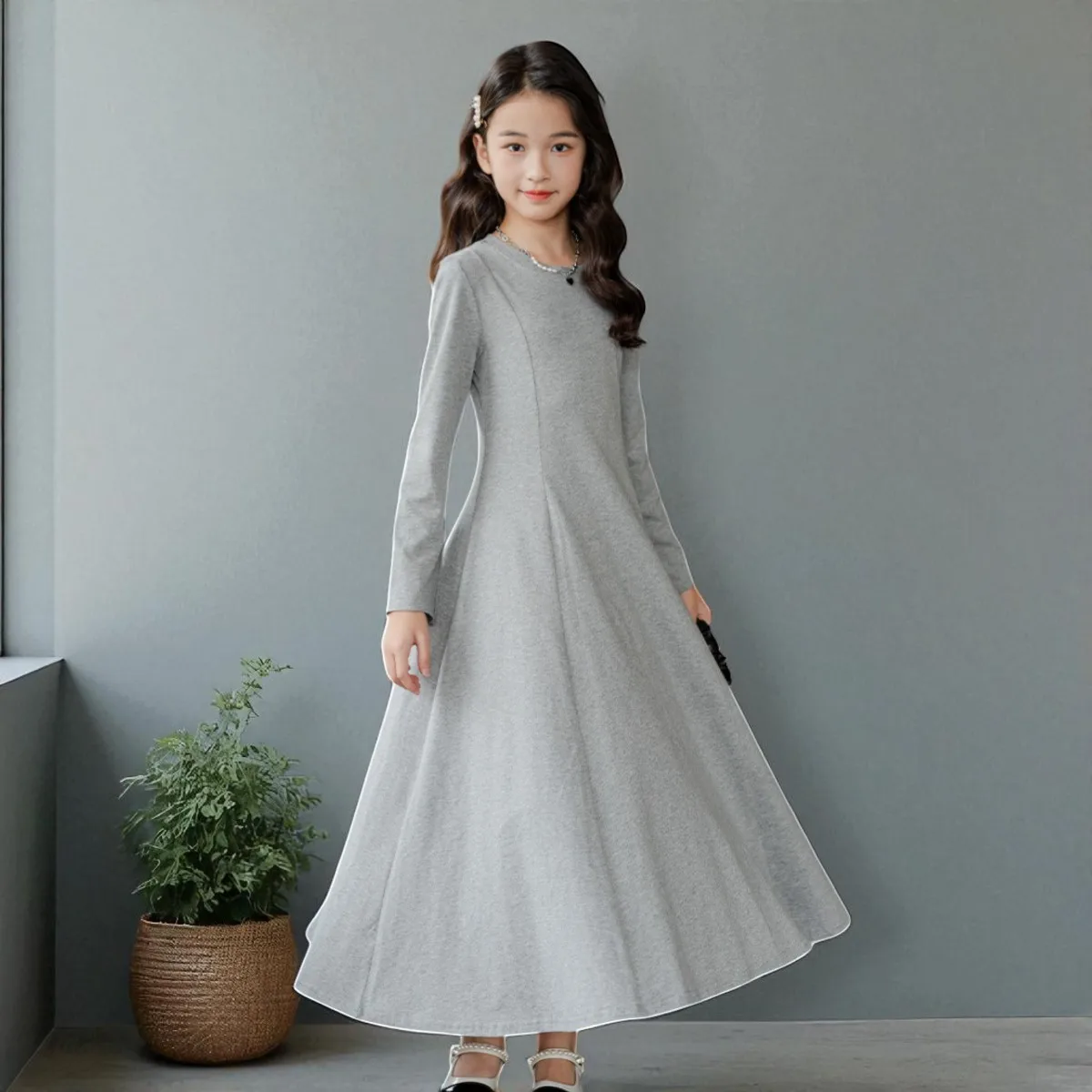 Kids Long Black Dresses for Girls Clothes Long Sleeve Muslim Grey Dresses Cotton School Outfits Teenagers Children Baby Costumes