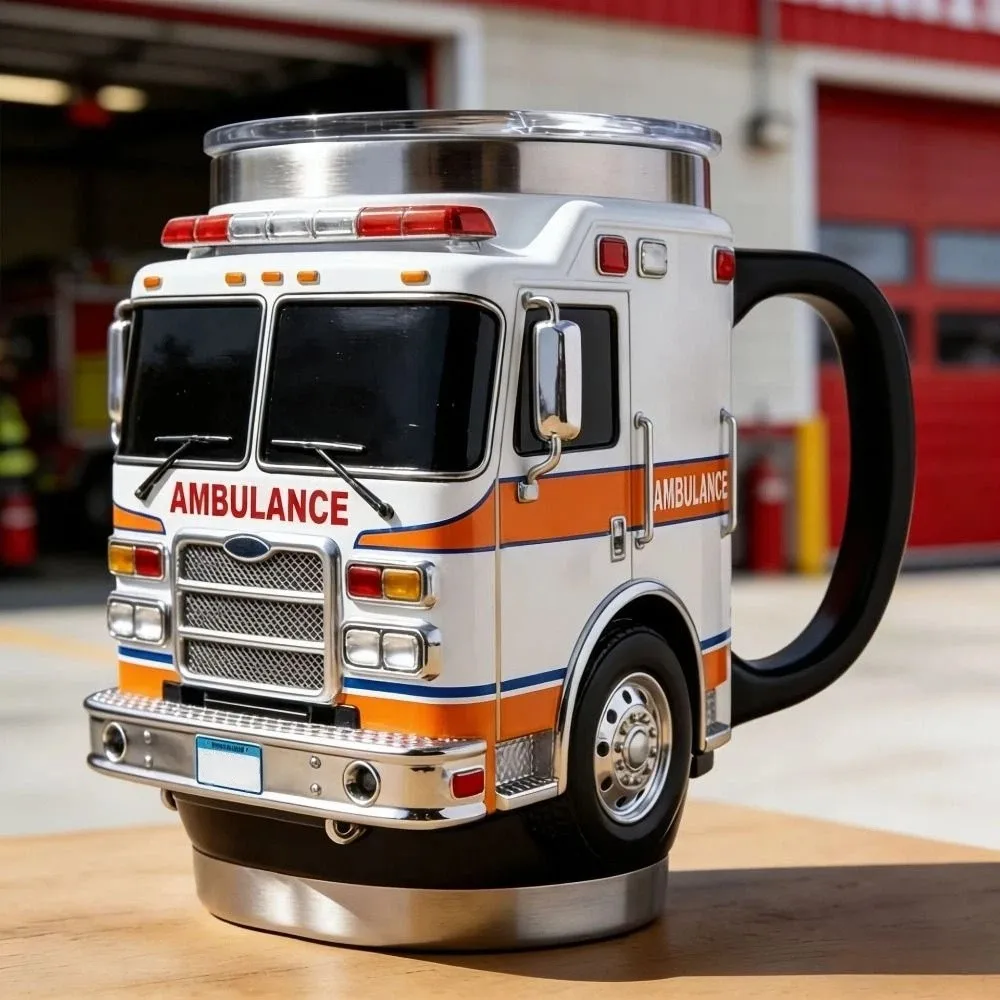 450ML Capacity Fire Rescue Mug Stainless Steel Ambulance/Police Car Designs 3D Fire Truck Mug Handcrafted