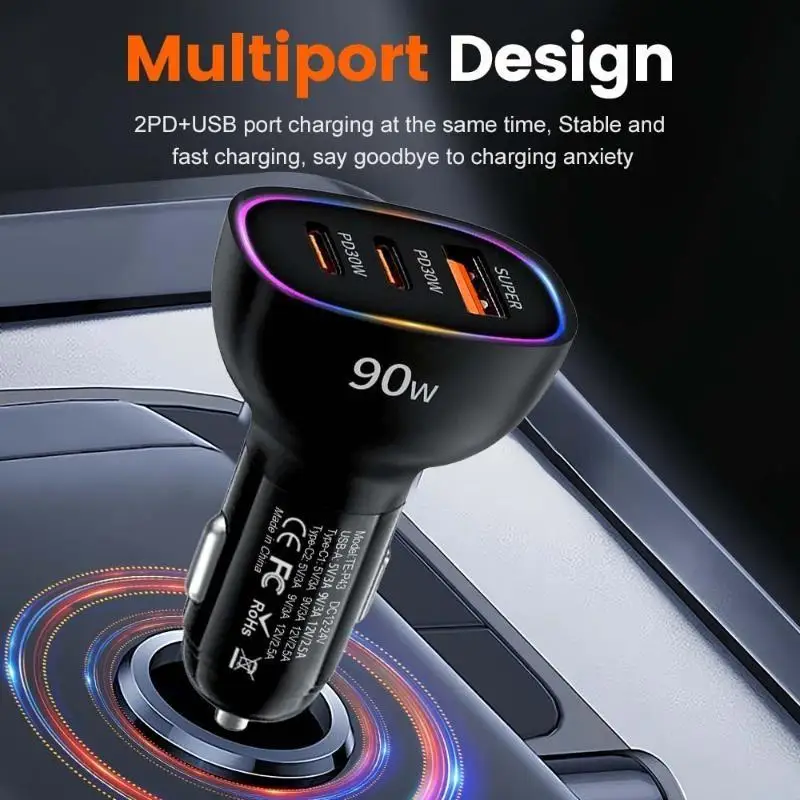 90W USB C Car Charger 3 Port Dual PD 30W Fast Charge Adapter for Multiple Electronic Devices for Outdoor Driving Trips