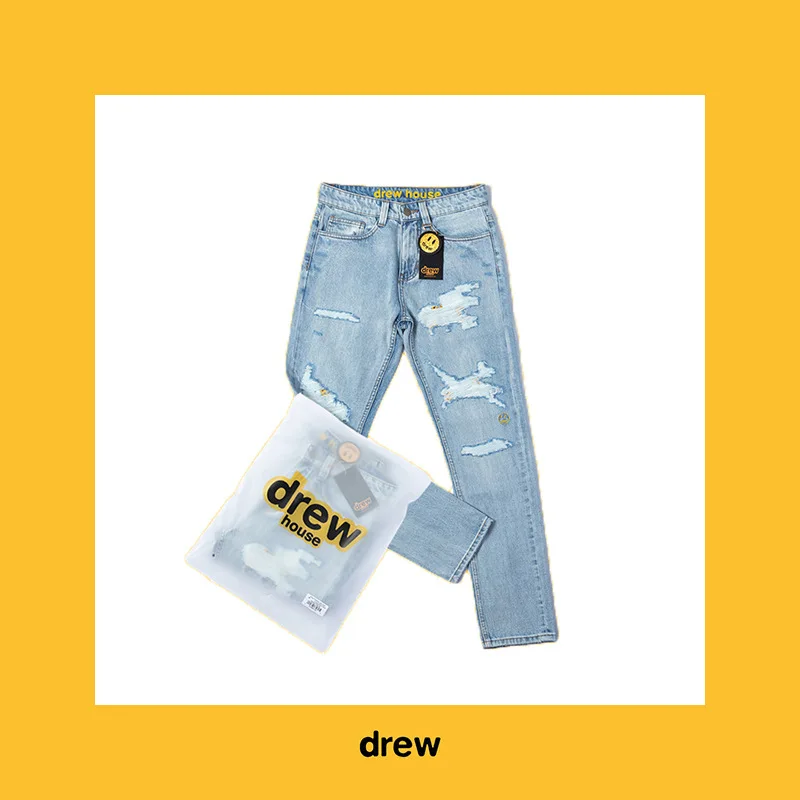 Jeans Smiley Face angustiado para casal, calça casual solta, calça Drew House Ins, rua alta