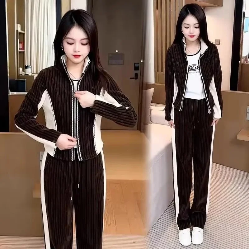 Women Fashion Stripe Sports Suit AutumnWinter Casual Short Zipper Jacket + Straight Pants Two-piece Set Tracksuit Outfits Ladies