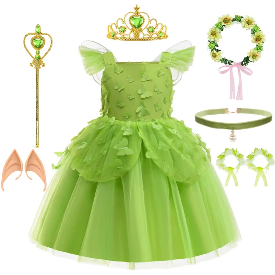 

Детское зеленое платье принцессы Тинкер Белл для девочек, цветочная фея, эльфы, карнавальный костюм на Хэллоуин, подарок на день рождения, нарядные платья