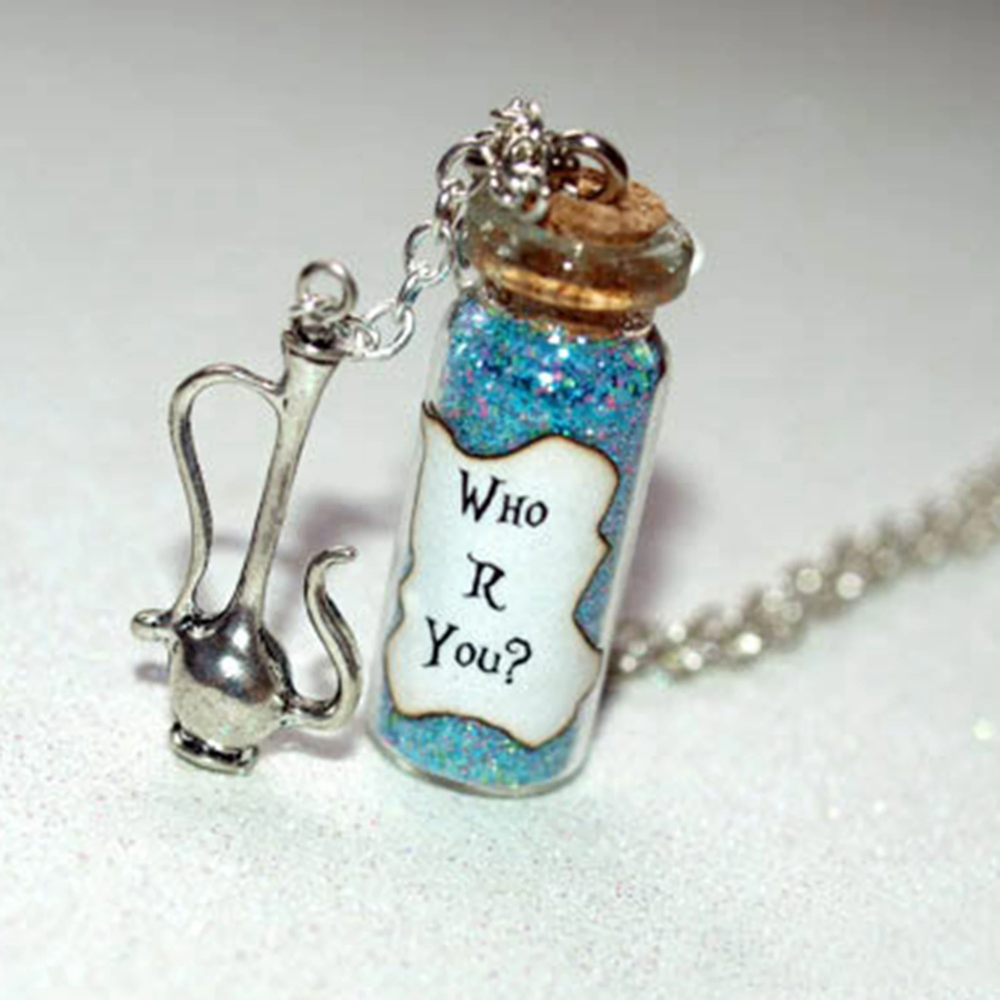 Alice in Wonderland Who R You? Necklace with a Hookah Charm, Smoking Caterpillar Silver Tone