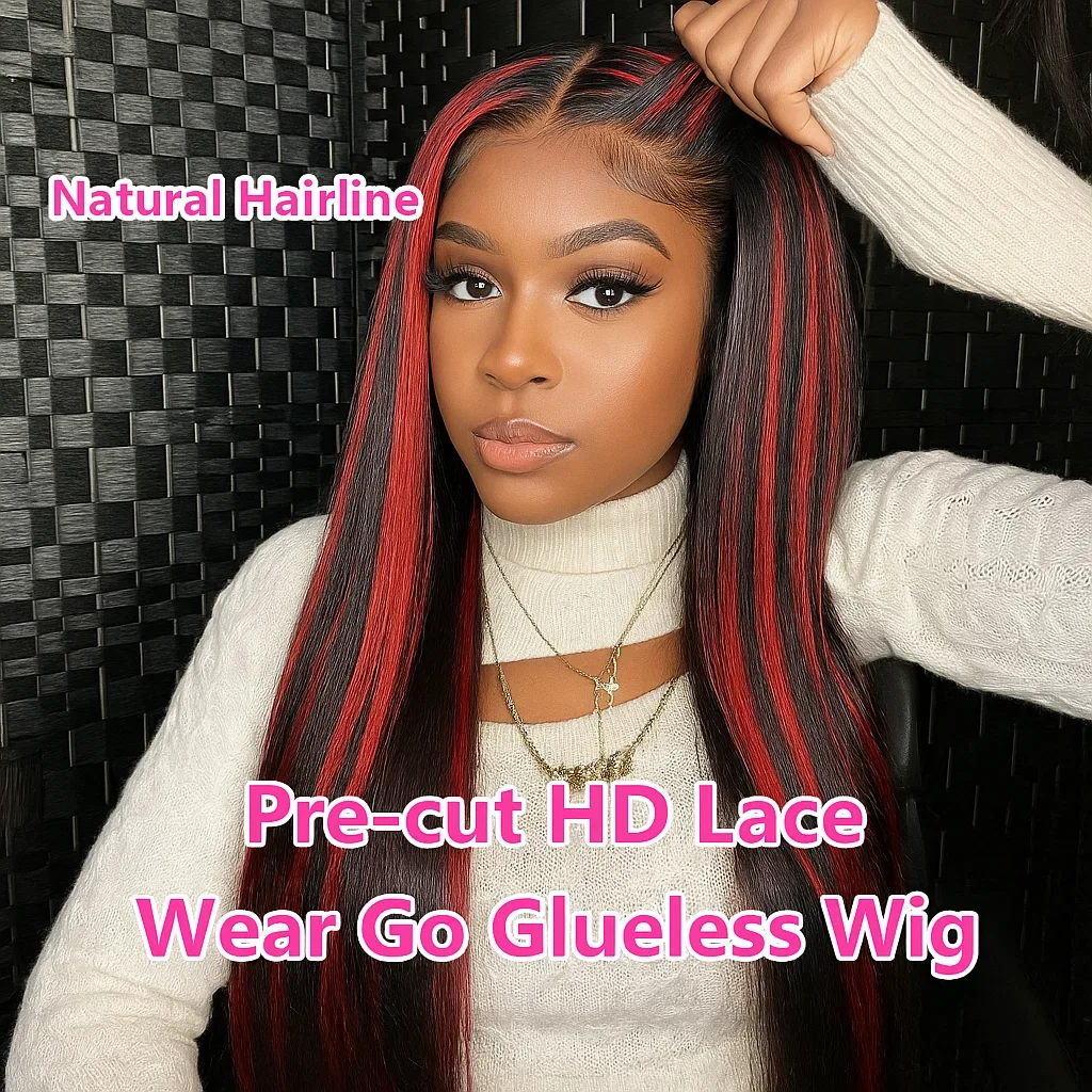 

1B/99J Red and Black Wig 30 Inch Highlight 5x5 Glueless Wig Human Hair Brazilian Bone Straight Burgundy Colored Lace Closure Wig