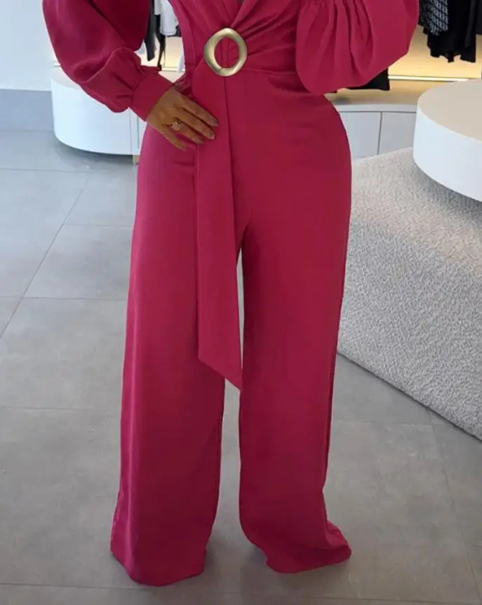 여성 롬퍼 메탈 링 장식 오버랩 V넥 랜턴 소매 지퍼 백 롱 점프수트 캐주얼 허리 조절 와이드 레그 점프수트