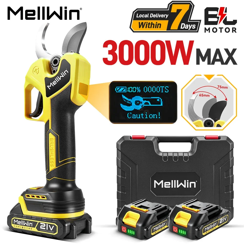 Forbici elettriche senza fili MELLWIN, modello 60 mm, con motore a spazzole, per la potatura di alberi da frutto e bonsai, compatibili con batterie Makita da 18 V.