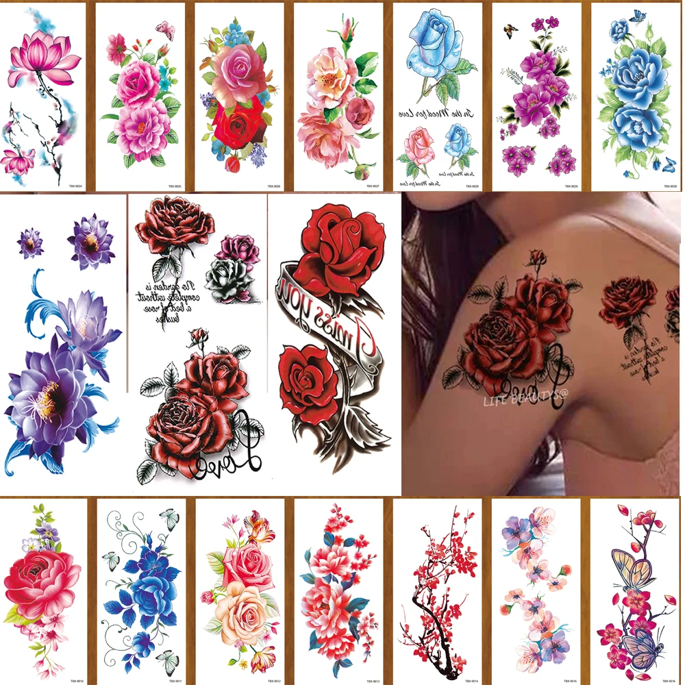

Оптовая продажа, 36 шт., 3D временные татуировки, водостойкие розы, женские боди-арт, рукава, сделай сам, наклейки, блестящие татуировки