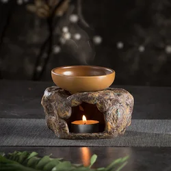 2 in 1 Retro Japanese Stoneware Tea Warm Stove Ceramic Candle Essential Oils Burner KungFu Tea Warmer Cup for Home Decor Teaware