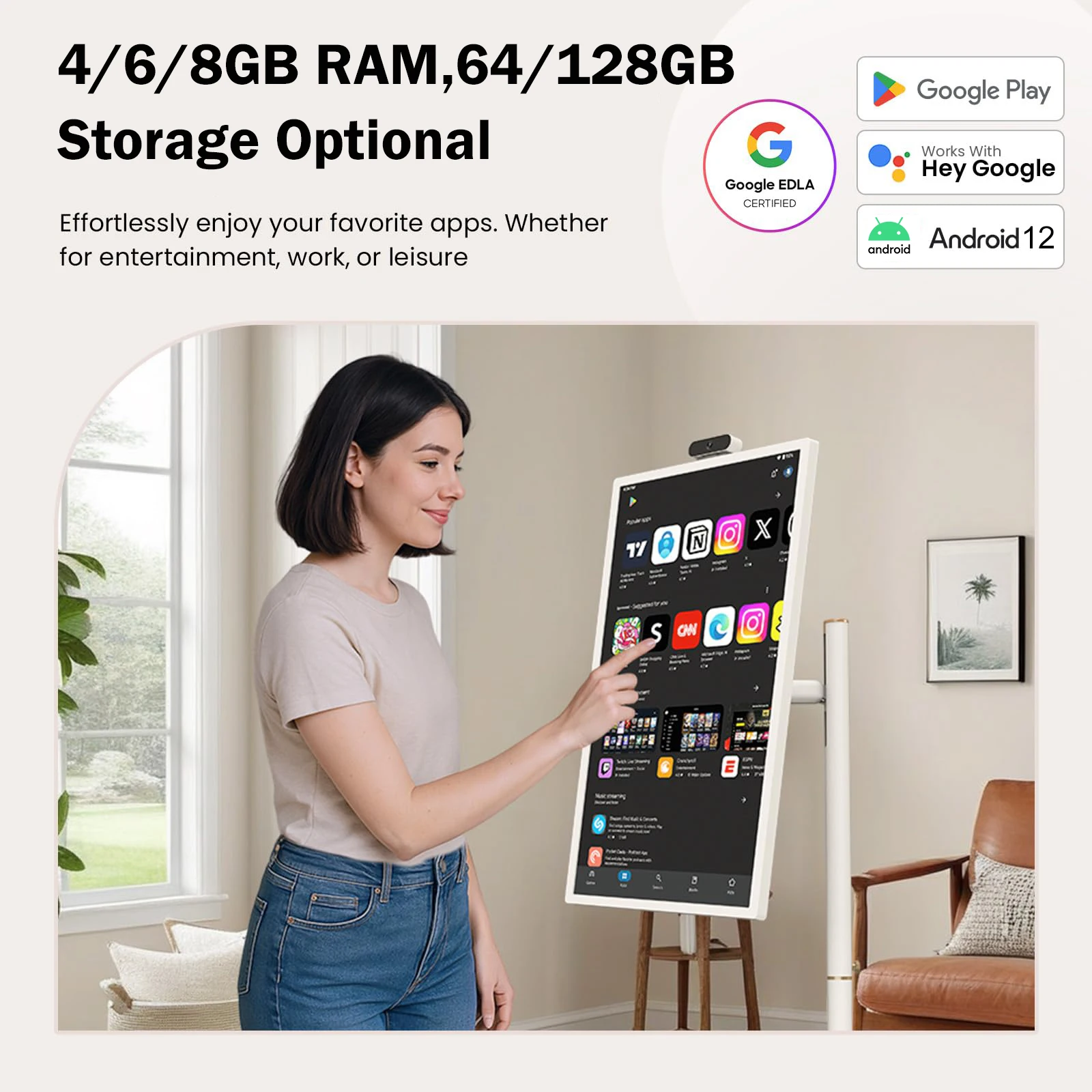 32 Inch Rotatable Smart Portable Tv with Android 12 Magnetic Camera Lcd Display on Wheels Advertising Screen for Home