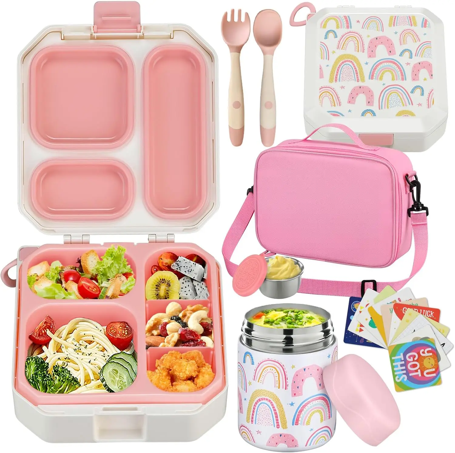 

Kids Bento Lunch Box with 12oz Thermo Soup Jar, 5 Compartments, Leak-Proof Insulated Bag for School