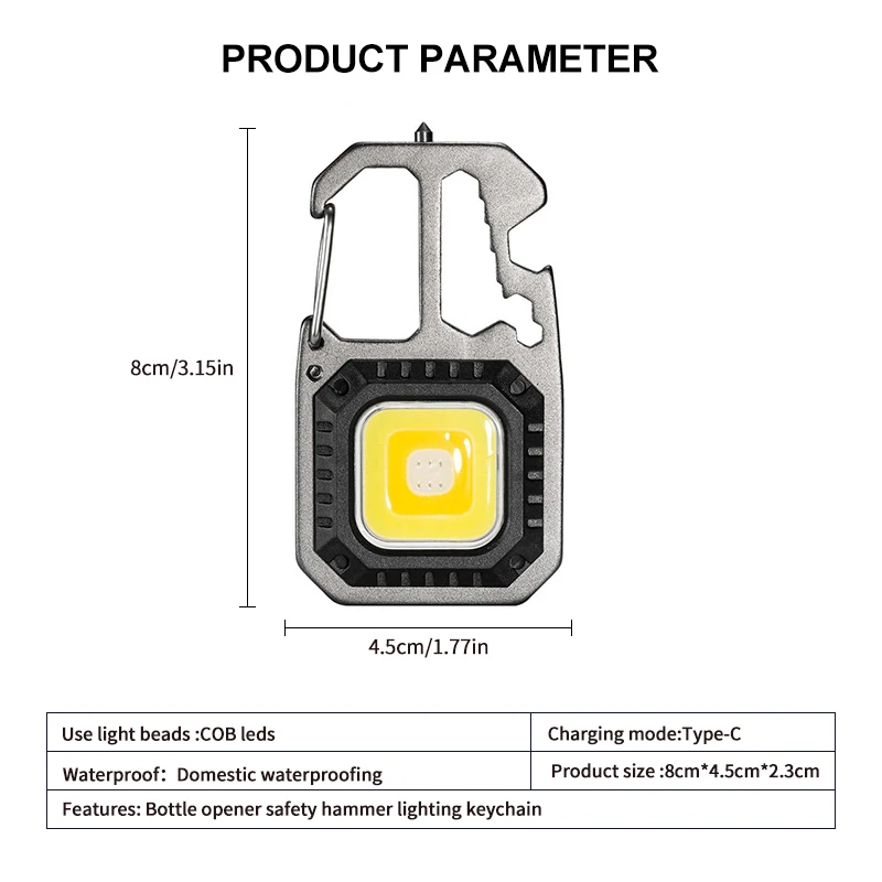 LED Portable Keychain Flashlight Outdoor Camping COB Work Light Emergency Lighting With Window Hammer Bottle Opener Lamp