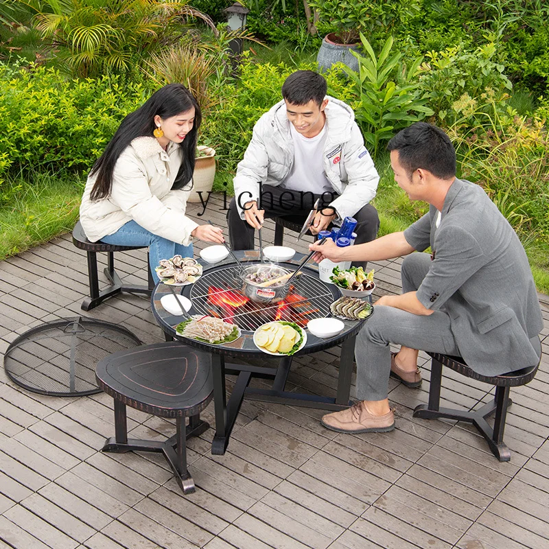 ZC Barbecue Stove Table and Chair Outdoor Combination Outdoor Garden Balcony Courtyard Iron Table and Chair