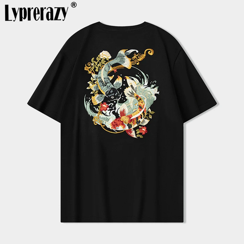 

Lyprerazy National Tide Carp Embroidered Short-sleeved T-shirt Summer Chinese Style Cotton Loose Tops Tees