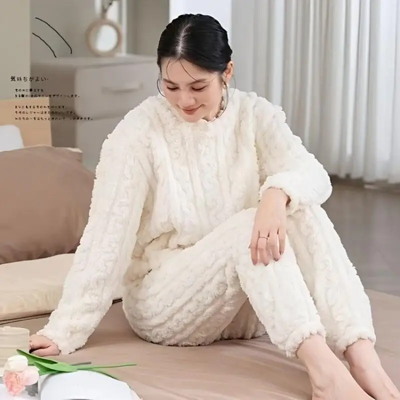 Сплошной цвет, женские пижамы, сохраняющие тепло, пижама из кораллового флиса для девочек, осень-зима, новая модель, одежда для сна, утепленная домашняя одежда, комплект из двух предметов