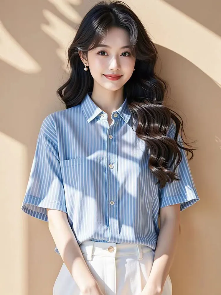 

Casual Striped ort Sve irt Women's Commute Versatile Design Summer Single Button Korean Sle Top Faionable Sun Prot...