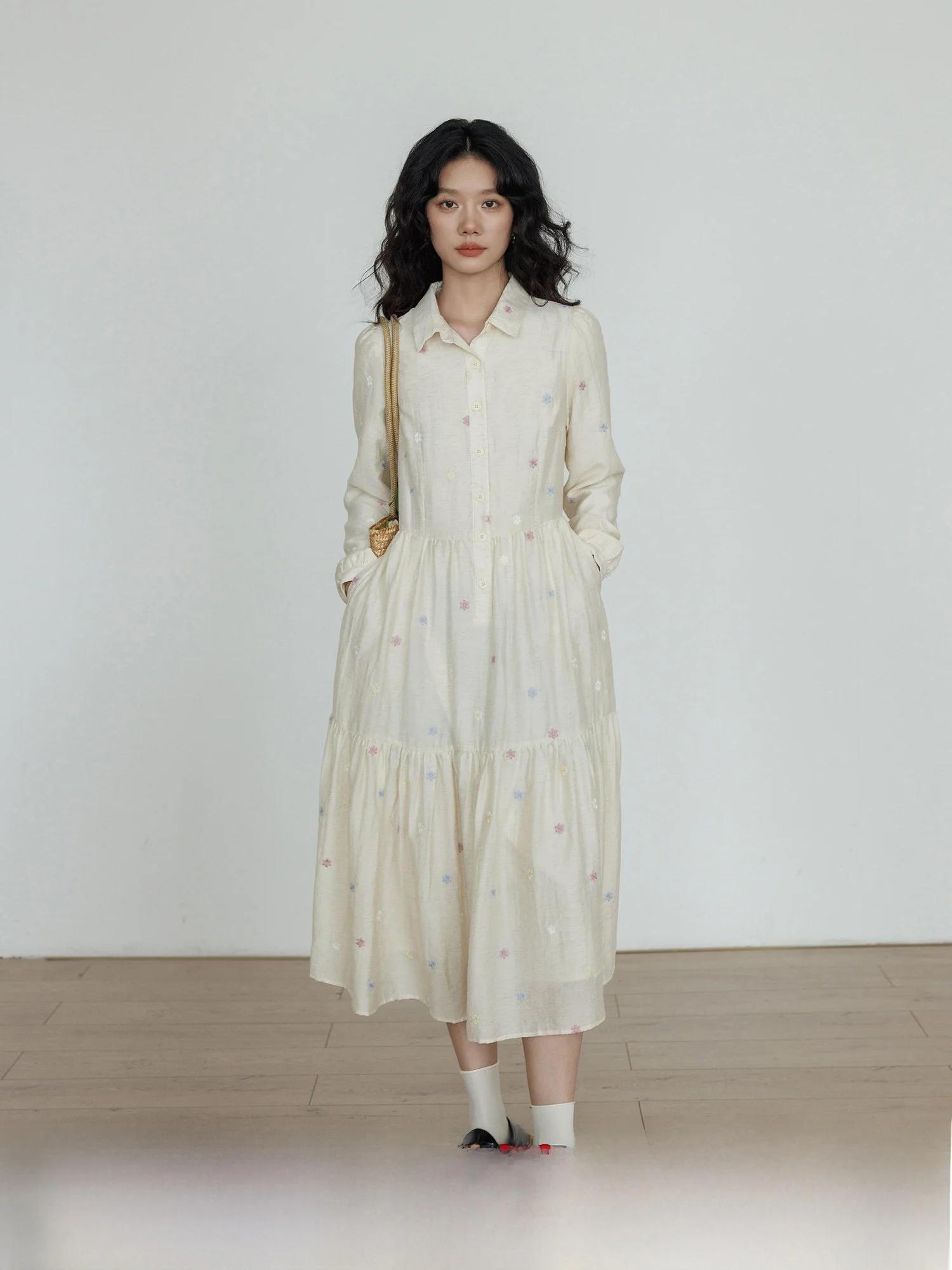 

Vastand Spring Sweet Embroidery Dr Women's Casual Waist Cinched Long Dr Artistic High Waist Viscose Nylon Linen A-Line ...