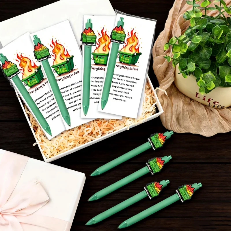 

5-Pack Trash Can Series Flame Pen Set. Each Gel Pen Comes with a Card, Trash Can Flame Gift Gel Pen with Bookmark Greeting Card, Essential for Study and Office Use