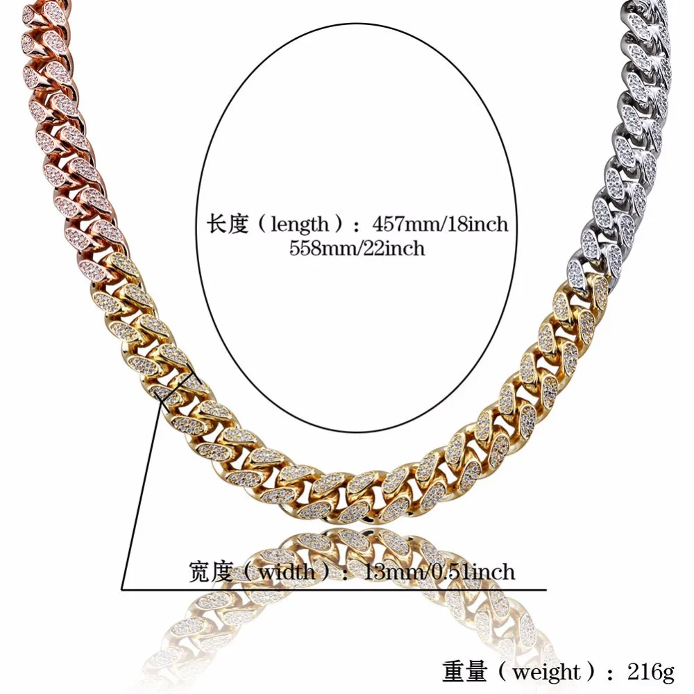 Mixed Color Miami Curb Cuban Chain Necklace For Men Box Lock Hip Hop Iced Out Paved Rhinestones CZ Rapper Necklace Jewelry