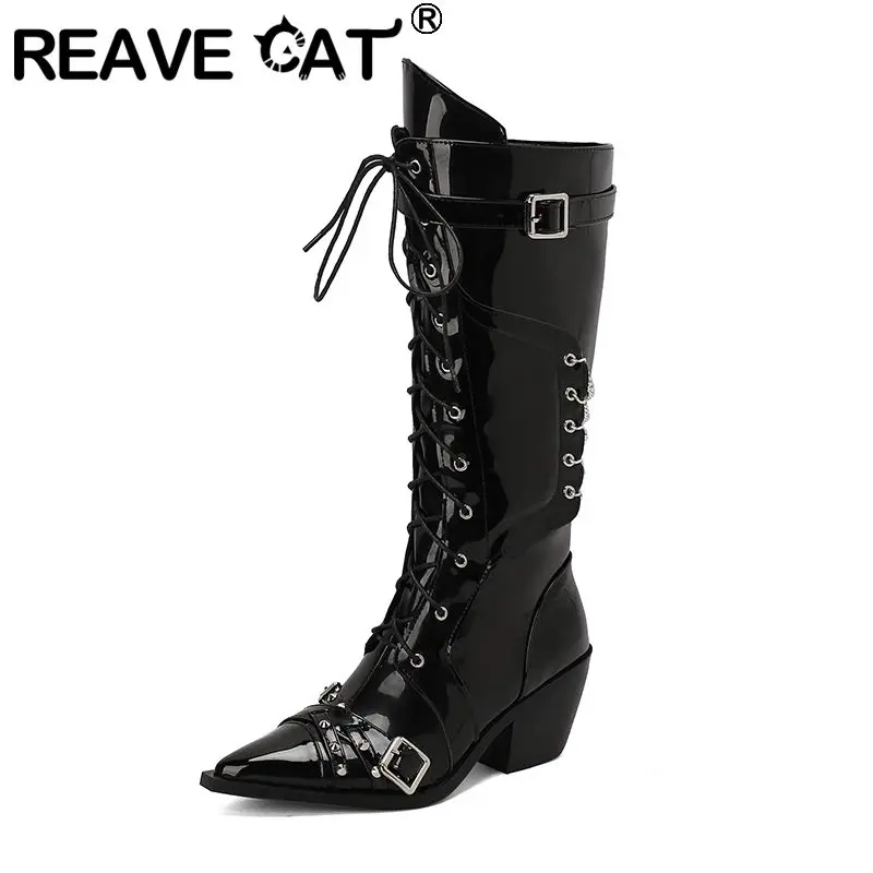 REAVE CAT Boots Women Pointed Toe Block Heels 6.5cm Lace Up Revets Decor 44 45 46 Performance Bota