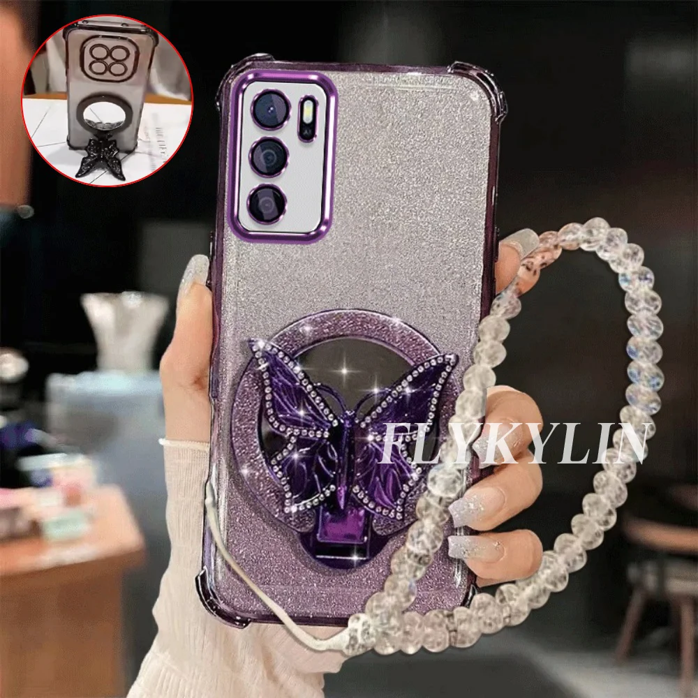 For Samsung A53 A52 A32 A13 A23 A33 A73 A12 A22 A03S Butterfly Glitter Mirror Holder With Crystal Chain Protection Soft Shell