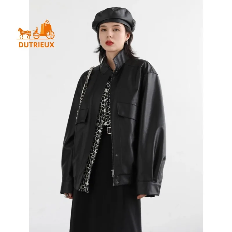 Winter Women's Neutral Style Cool Stand Collar Quilted Leather Jacket, 100% Genuine Sheepskin Intellectual and Fashionable Coat