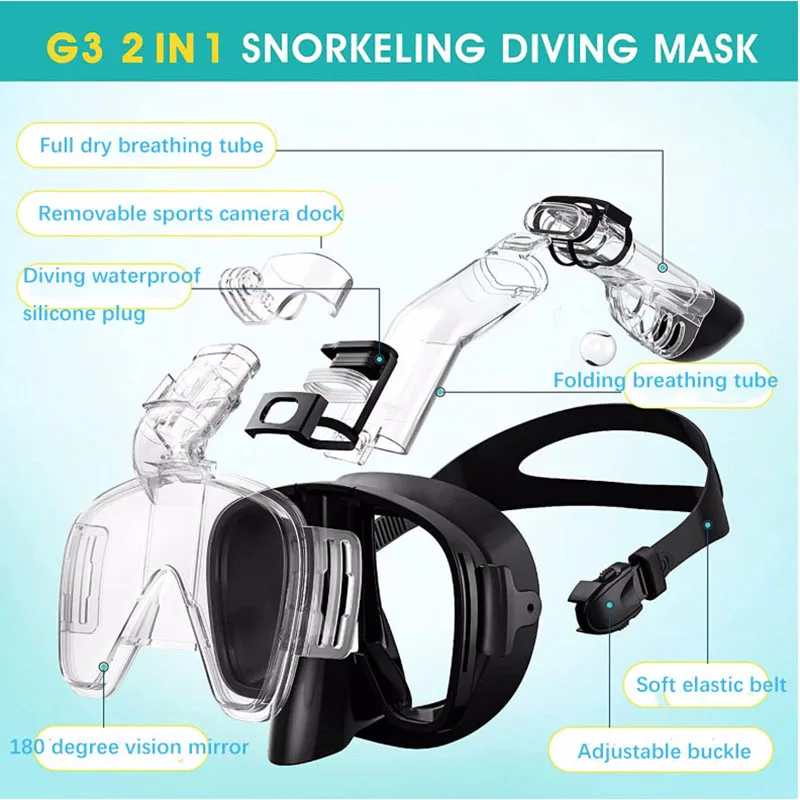 Professional Diving Goggles for Adult and Kids Anti-fog Snorkel Mask Foldable Breathing Tube Swimming Glasses 180 Degree Vision