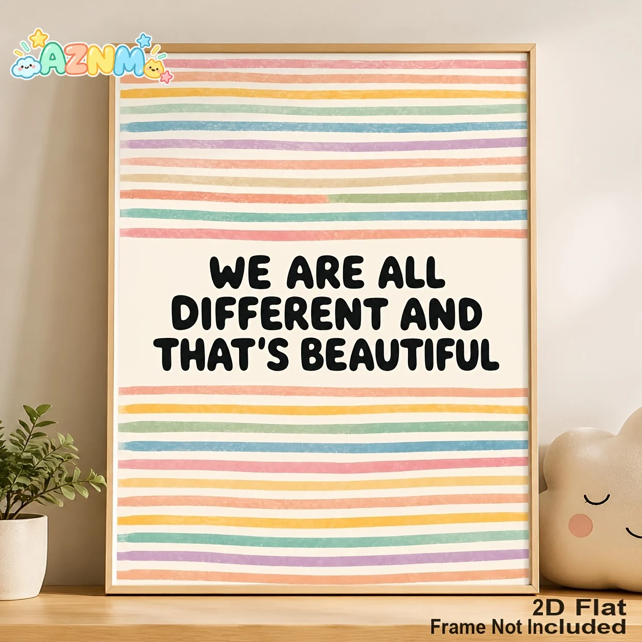 2D Flat, Posters & Prints, We Are All Different And That's Beautiful Canvas Print, Pastel Rainbow Stripes Quote Wall Art, Pos