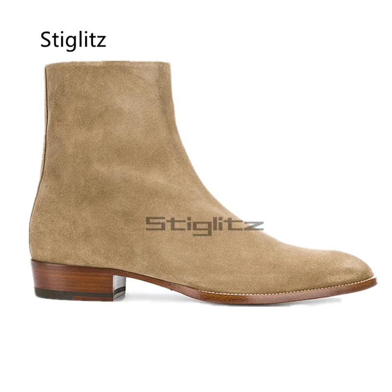 

Мужские матовые замшевые ботильоны на среднем каблуке с боковой молнией, однотонные деловые ботинки челси ручной работы, износостойкая повседневная обувь, мужская зимняя обувь