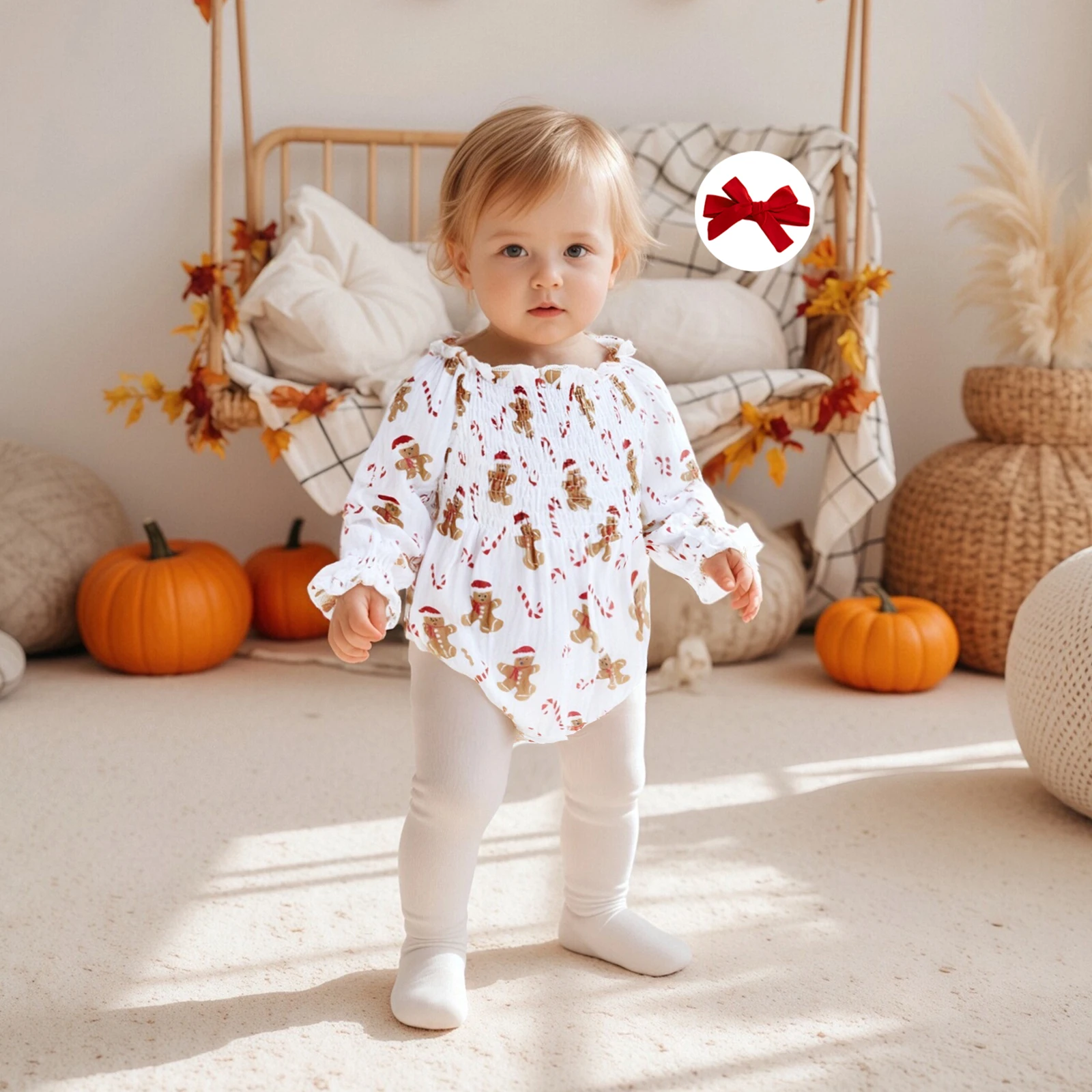 

Baby Clothing Girl Christmas Outfit Gingerbread Long Sleeve Smocked Romper and Bow Headband CLothes Set