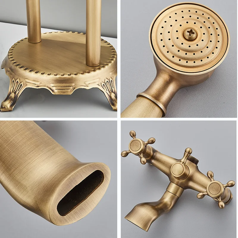 Floor Standing Double Tube Double Handle Bathtub Faucet Set for Bathroom With Rainfall Handshower Tub Faucet Freestanding Crane - Image 6