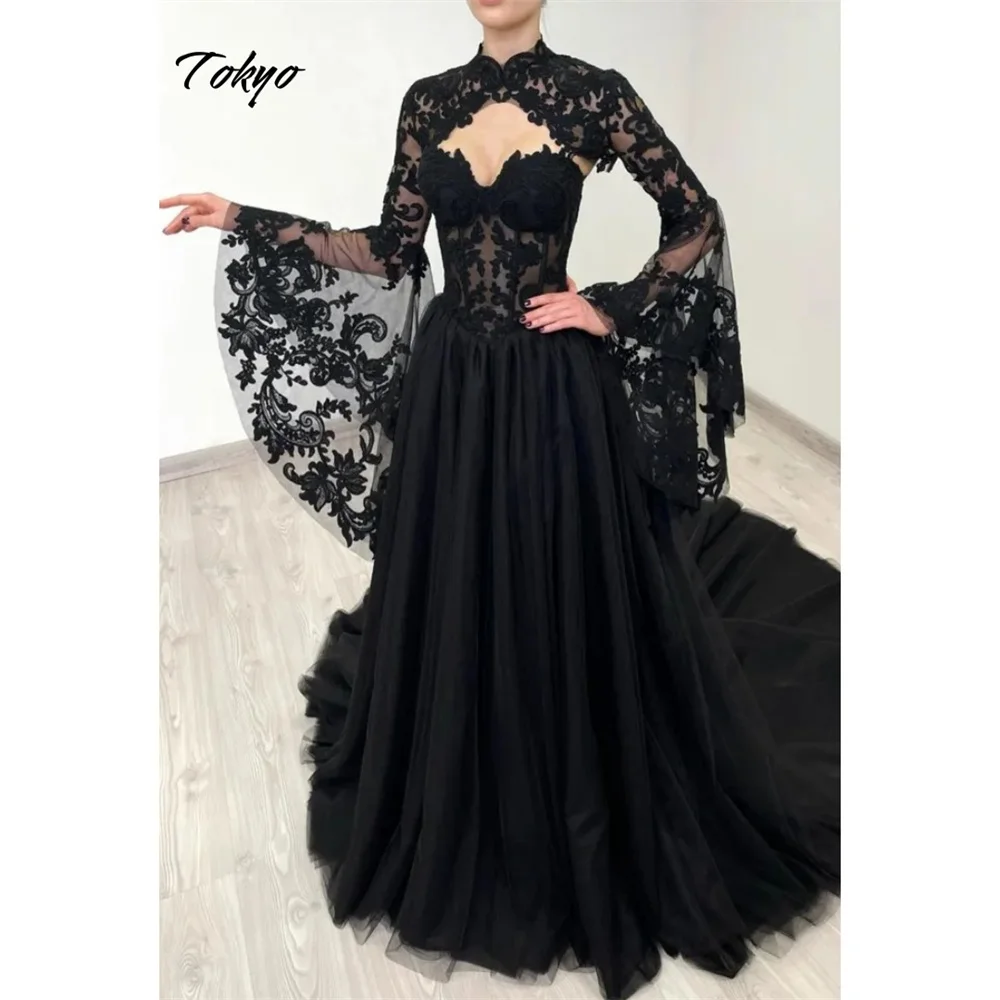Tokyo Customized Black Sweetheart Neck Wedding Dress Long Sleeves Back Lace-Up Bridal Gowns Court Train A-Line Wedding Gowns