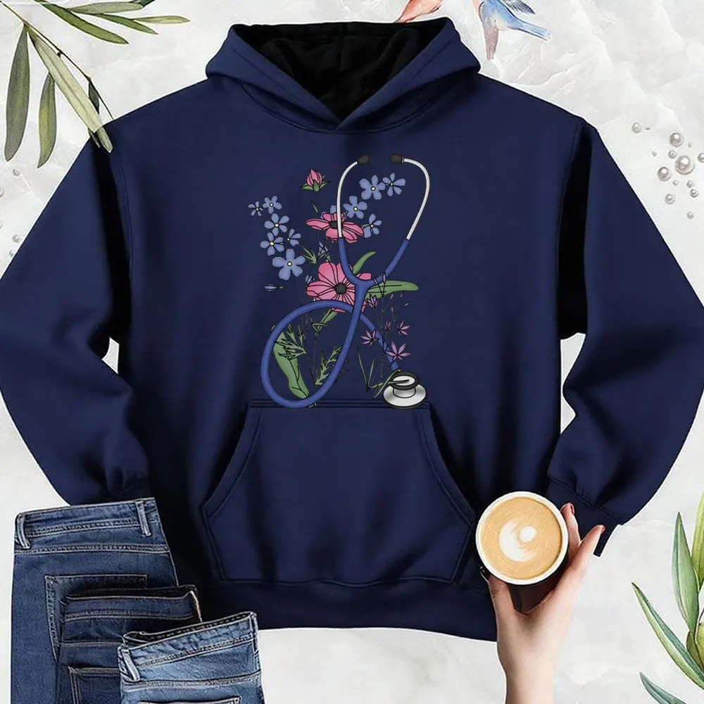 Floral Stethoscope Sweatshirt Nurse Doctor Gift Autumn and Winter Keep Warm Tracksuit Women Unisex Hoodie New Casual Simple