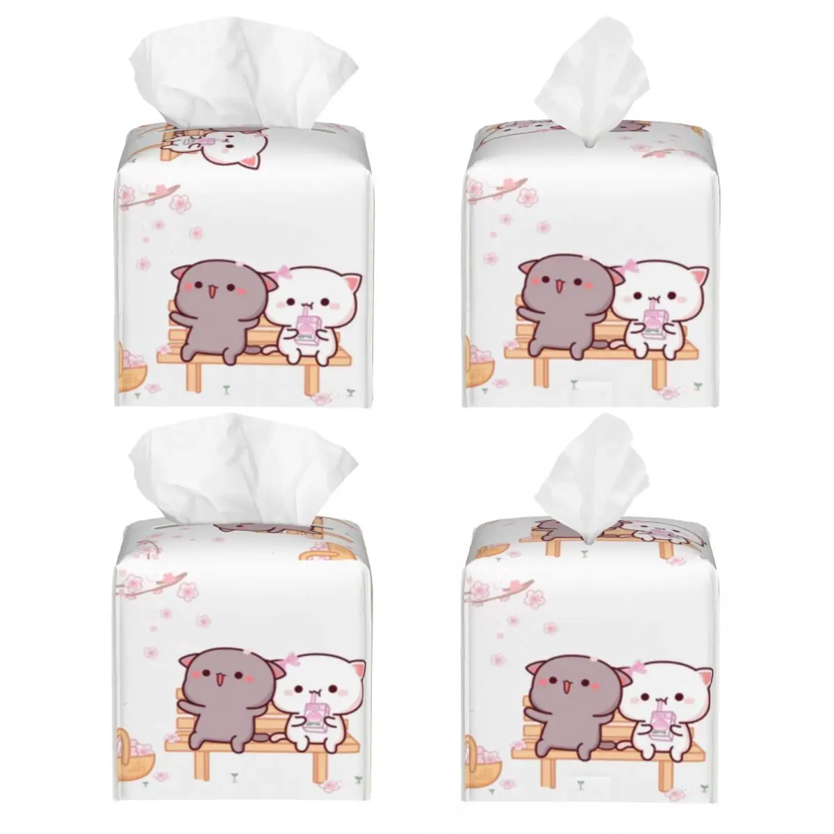 Custom Peach And Goma Tissue Box Cover PU Leather Square Cartoon Mochi Cat Facial Tissues Holder for Office