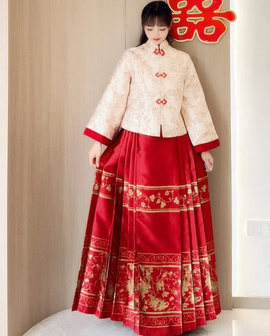 Chinese Party Toast Xiuhe Dress Bride Engagement Wedding Banquet Attire Improved Hanfu Horse Face Skirt Suit in OrientTown FE030