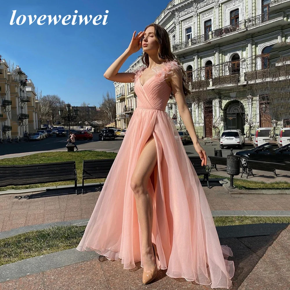 New Elegant Long Pink V-Neck With Plumage Evening Dresses Side Slit A-Line Pleated Tulle Zipper Back Prom Party Gown