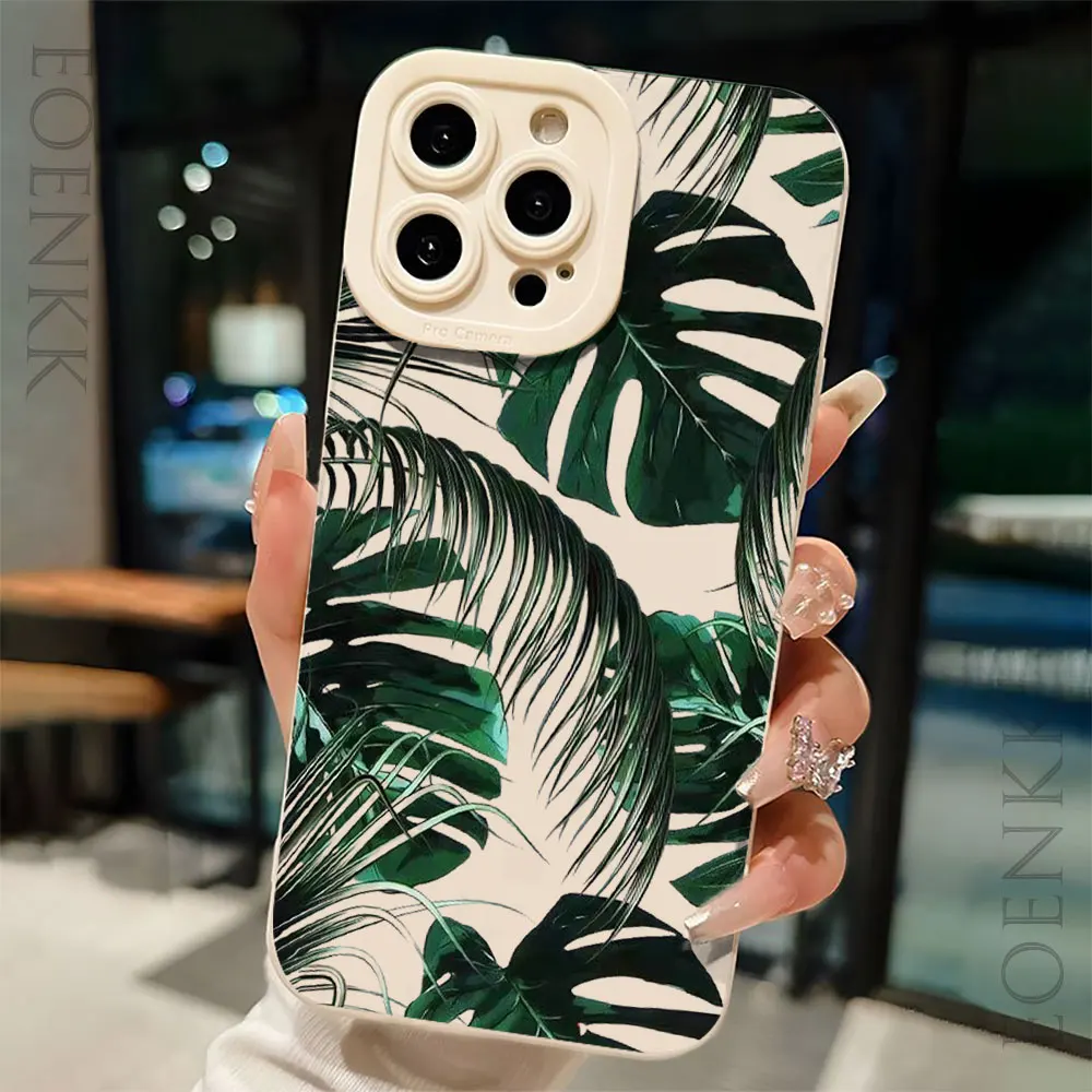 Dark green palm leaves Phone Case For iPhone 15 14 13 12 11 Pro Max Mini 7 8 Plus X XR XS Max Elegant design Soft Silicone Cover