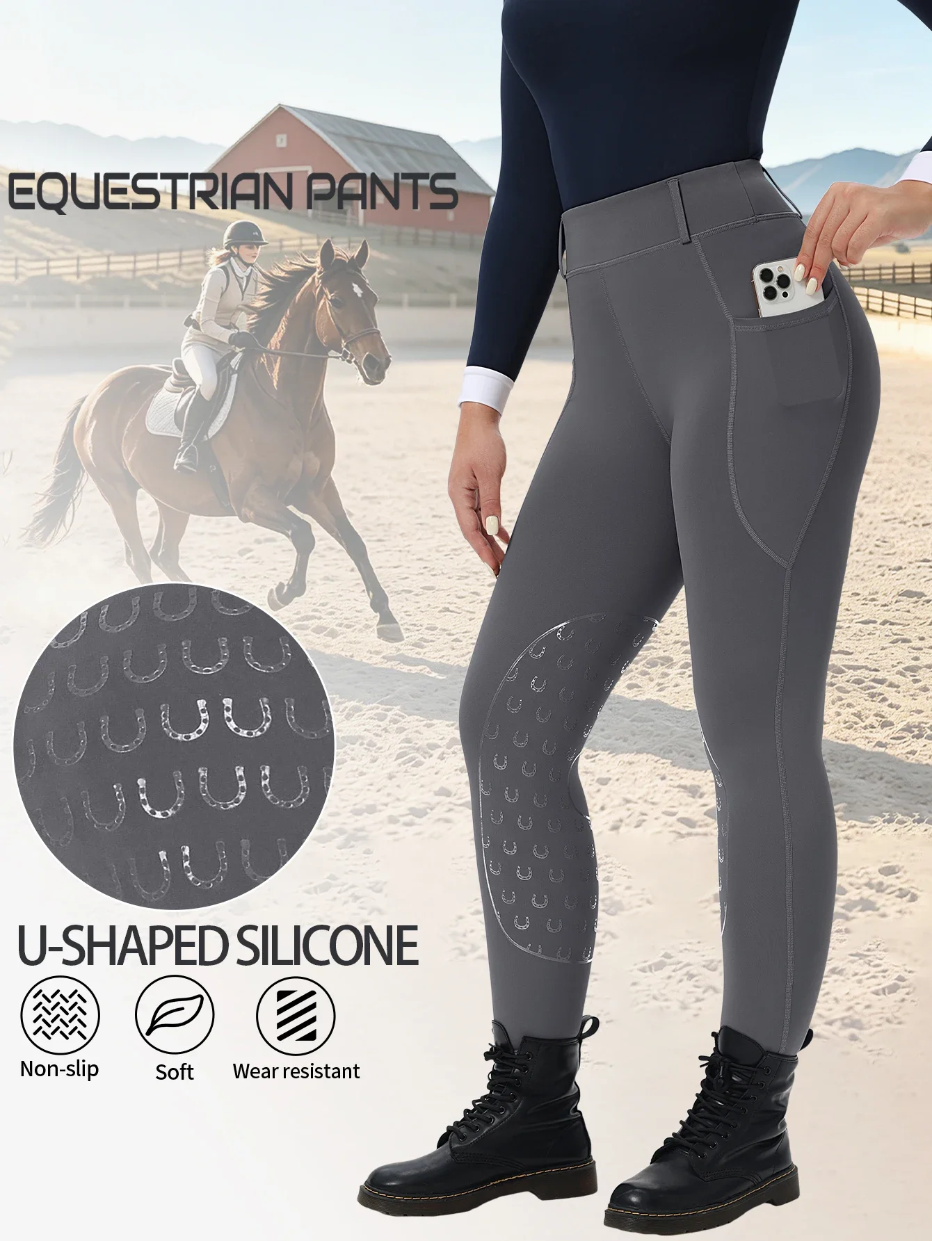 Women Equestrian Breeches Half Silicone High Waist Tight Stretch Breathable Riding Pants Pockets Anti-Slip Outdoor Competition