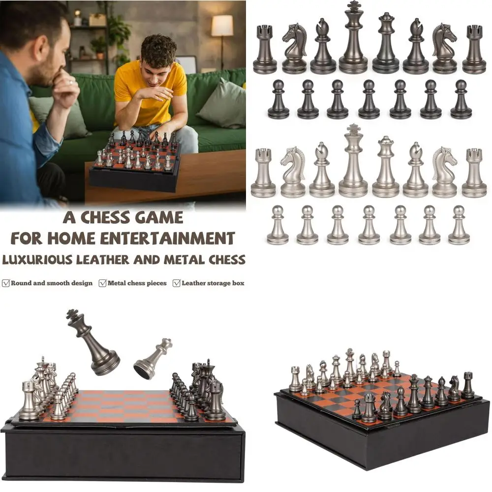 

Portable 12 Leather Chess Set with Weighted Metal Pieces - Travel Chess Board Game for Adults and Kids